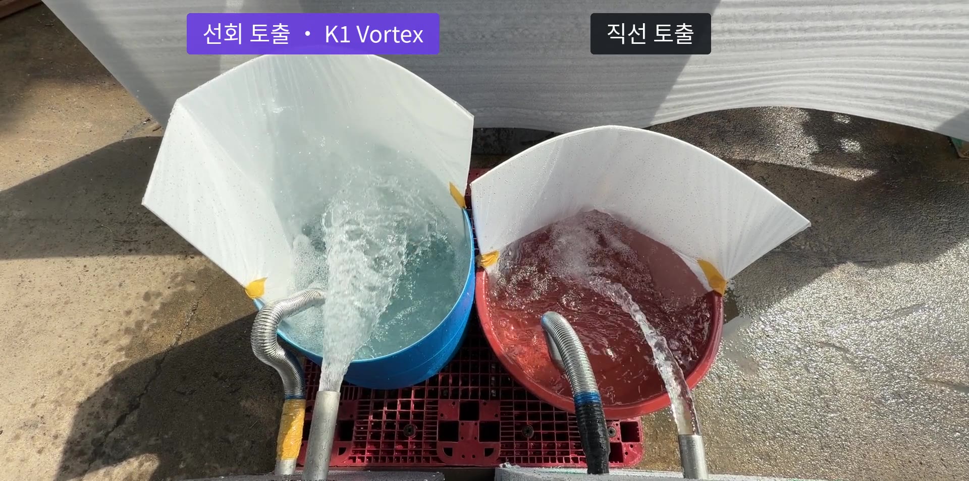선회 토출과 직선 토출 비교